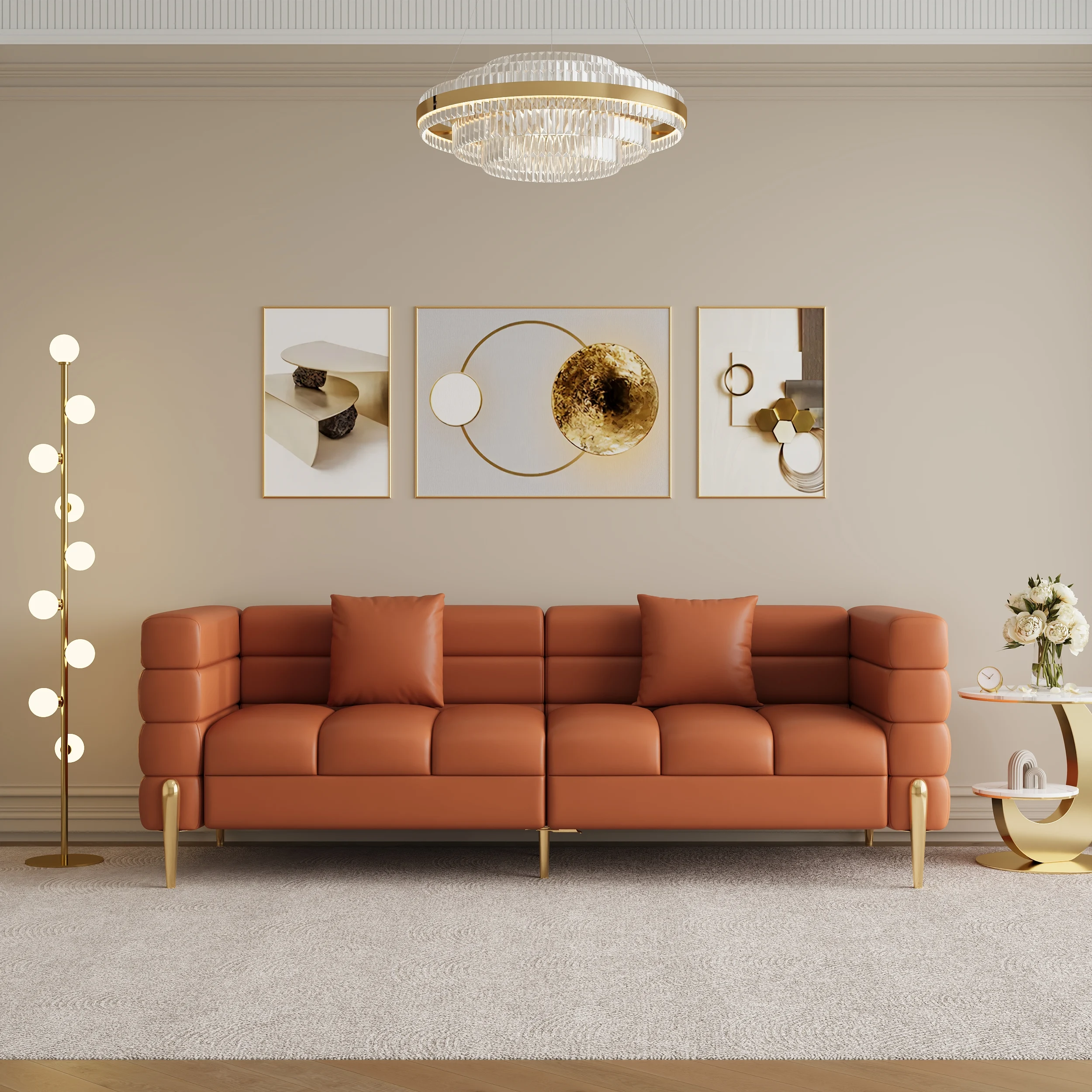 79in Faux Performance Leather Fluted Sofa with Gold Legs & Pillows - Image 4