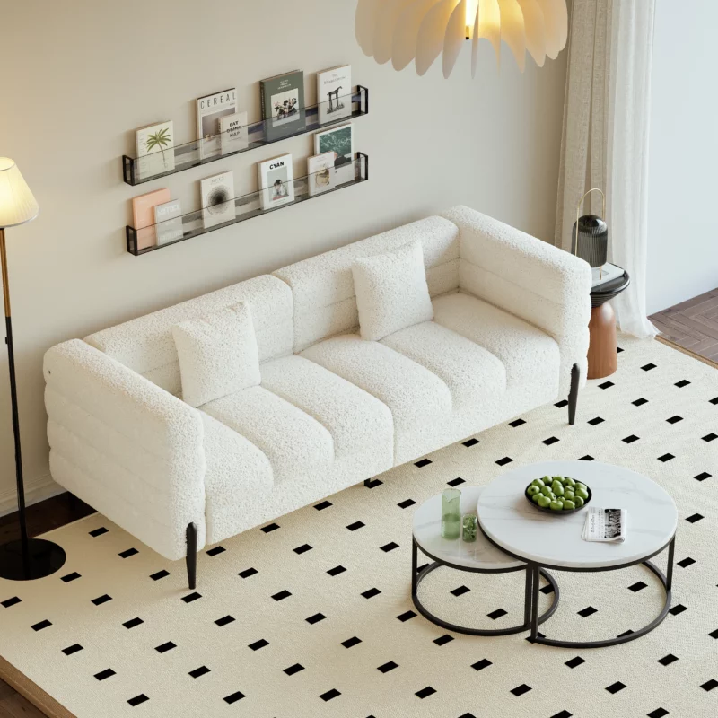 3-seater White Boucle Fluted Sofa with Pillows & Black Legs