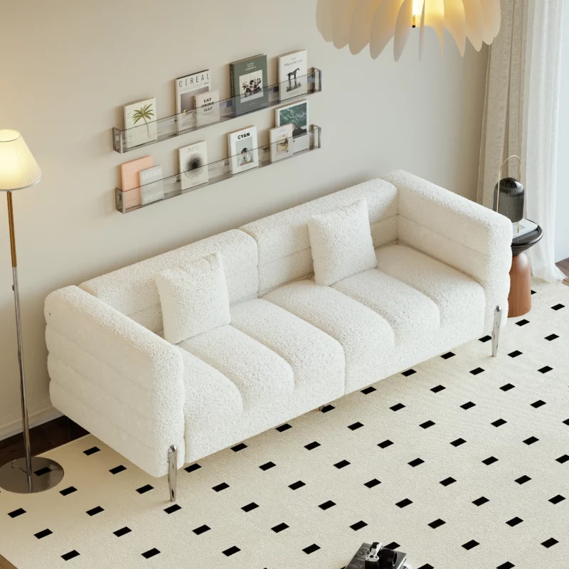 3-seater White Boucle Fluted Sofa with Pillows & Black Legs