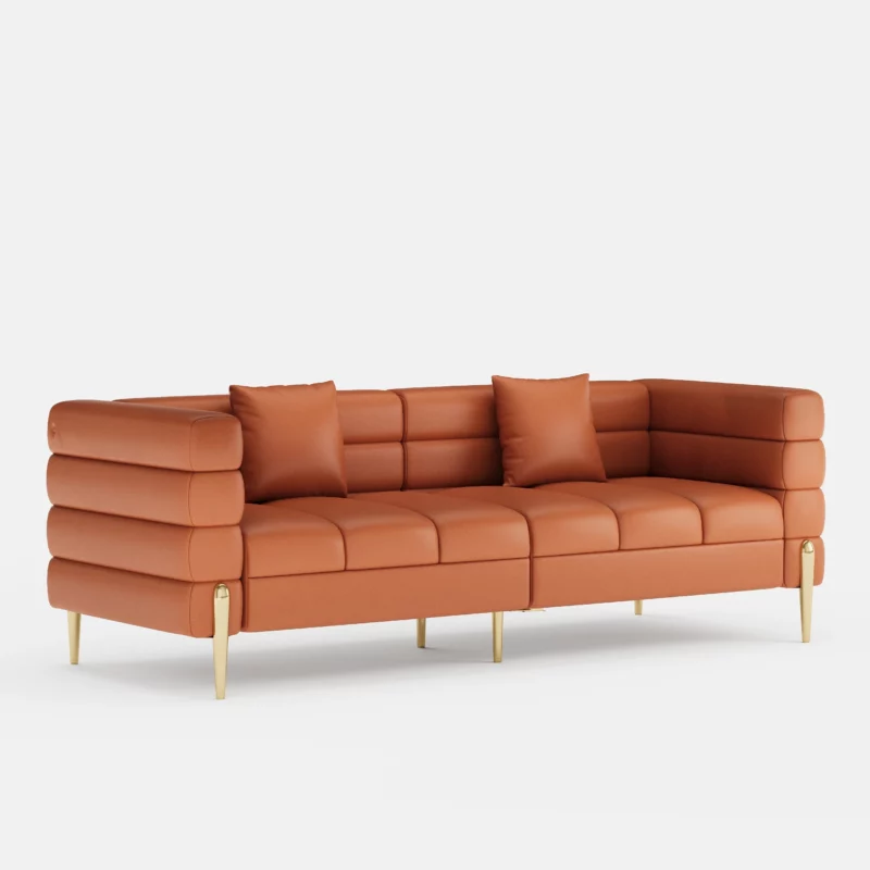 79in Faux Performance Leather Fluted Sofa with Gold Legs & Pillows