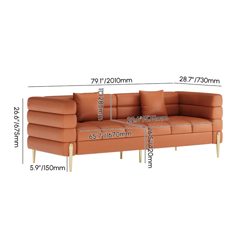 79in Faux Performance Leather Fluted Sofa with Gold Legs & Pillows