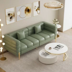 79in Faux Performance Leather Fluted Sofa with Gold Legs & Pillows - Image 2