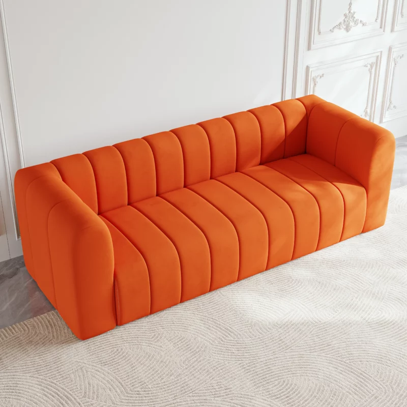 Luxury Modern Orange 3-Seater Velvet Upholstered Sofa Solid Wood Frame