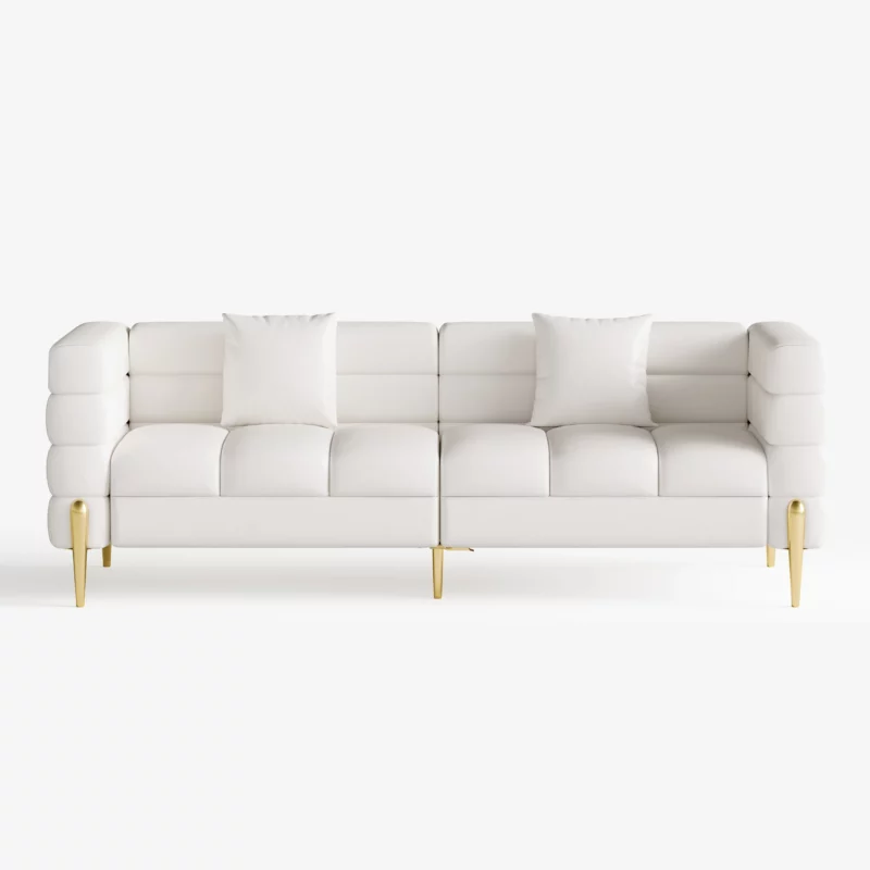 79in Faux Performance Leather Fluted Sofa with Gold Legs & Pillows