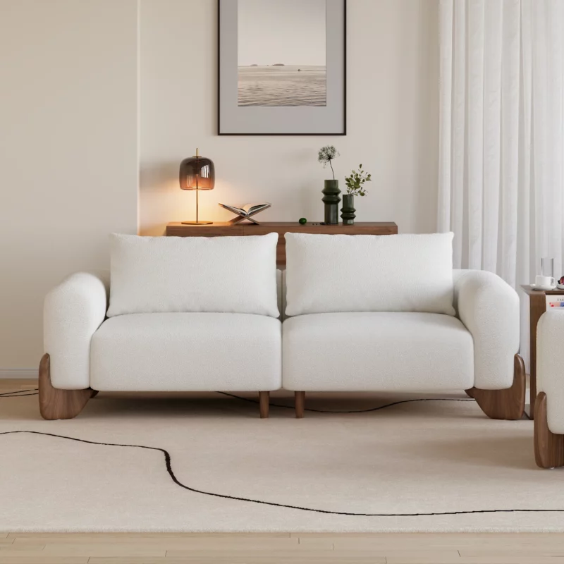 White Upholstered 2-Seat Boucle Sofa with Wood Legs 78"