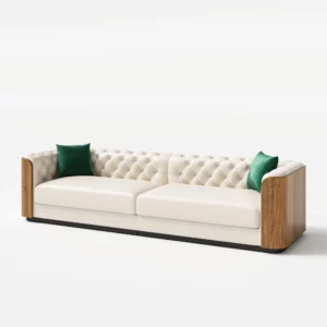 Classic luxury 3 Seater Faux Leather Tufted Sofa with pillow and wood accents - Image 4