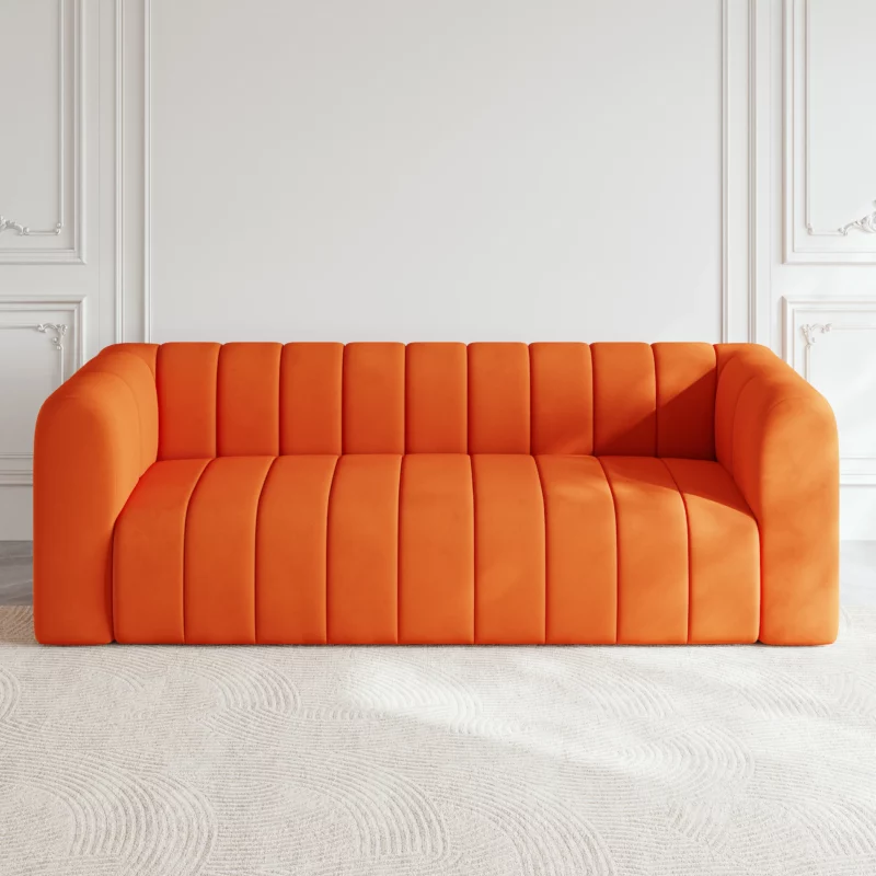 Luxury Modern Orange 3-Seater Velvet Upholstered Sofa Solid Wood Frame