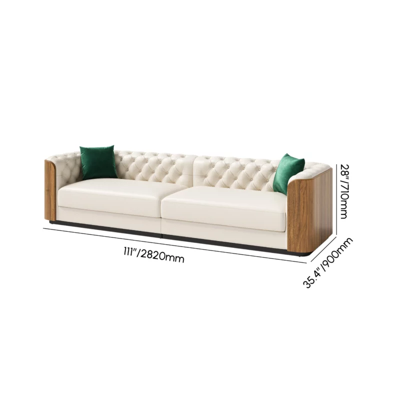 Classic luxury 3 Seater Faux Leather Tufted Sofa with pillow and wood accents