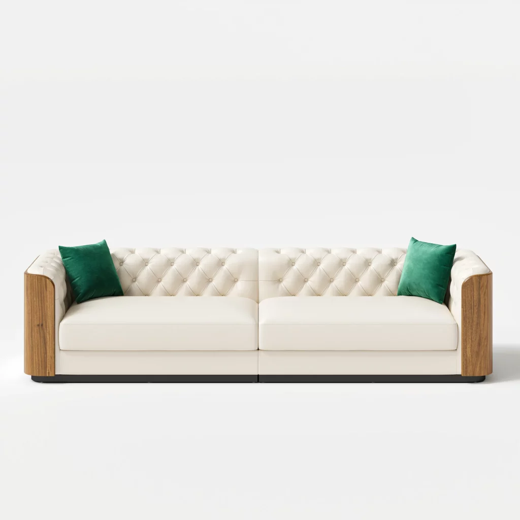 Classic luxury 3 Seater Faux Leather Tufted Sofa with pillow and wood accents