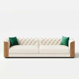 Classic luxury 3 Seater Faux Leather Tufted Sofa with pillow and wood accents