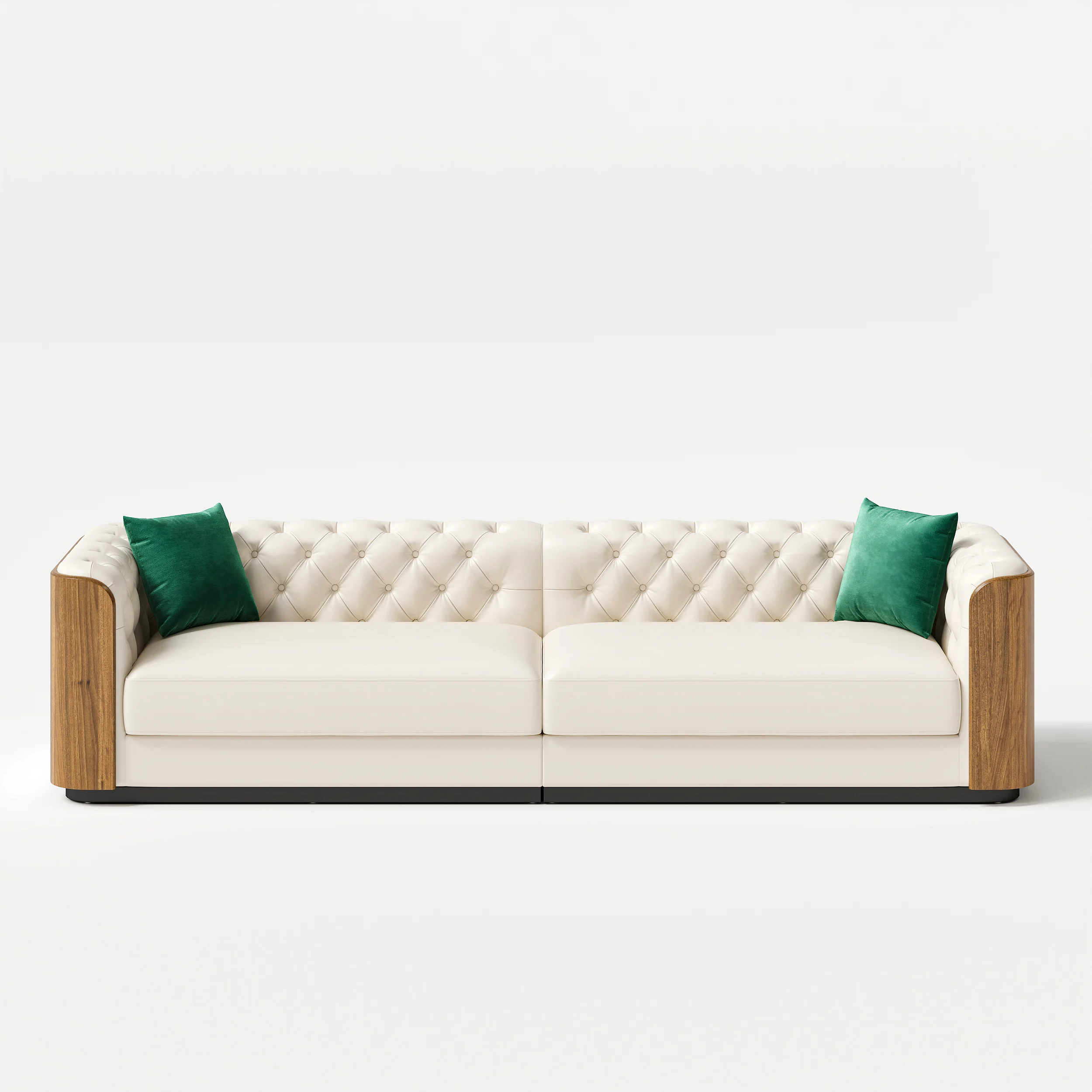 Classic luxury 3 Seater Faux Leather Tufted Sofa with pillow and wood accents - Image 1