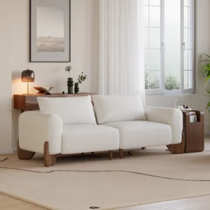 White Upholstered 2-Seat Boucle Sofa with Wood Legs 78" - Image 4