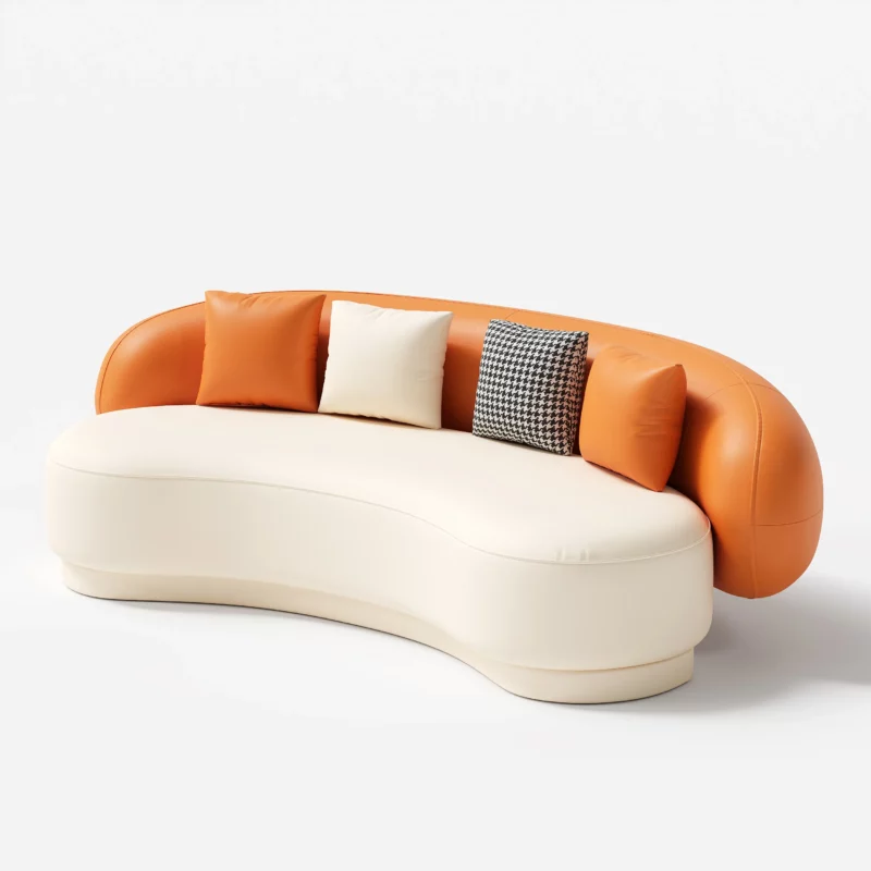 Modern Upholstered real curved Leather Sofa 3-Seater Sofa 82.7"