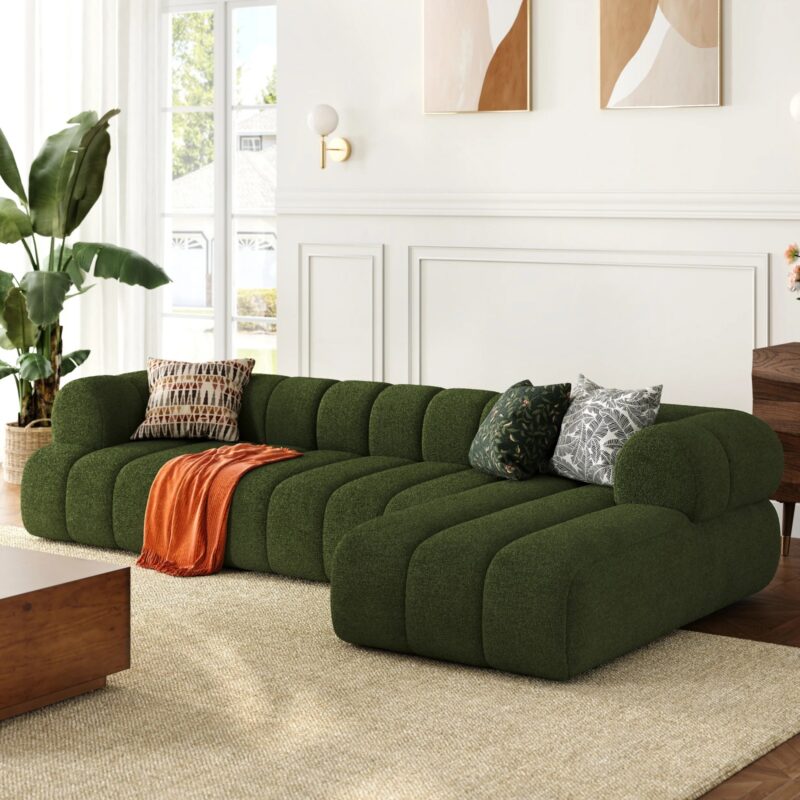 Modern Sectional 3-Piece Channel Chenille Sofa with Chaise