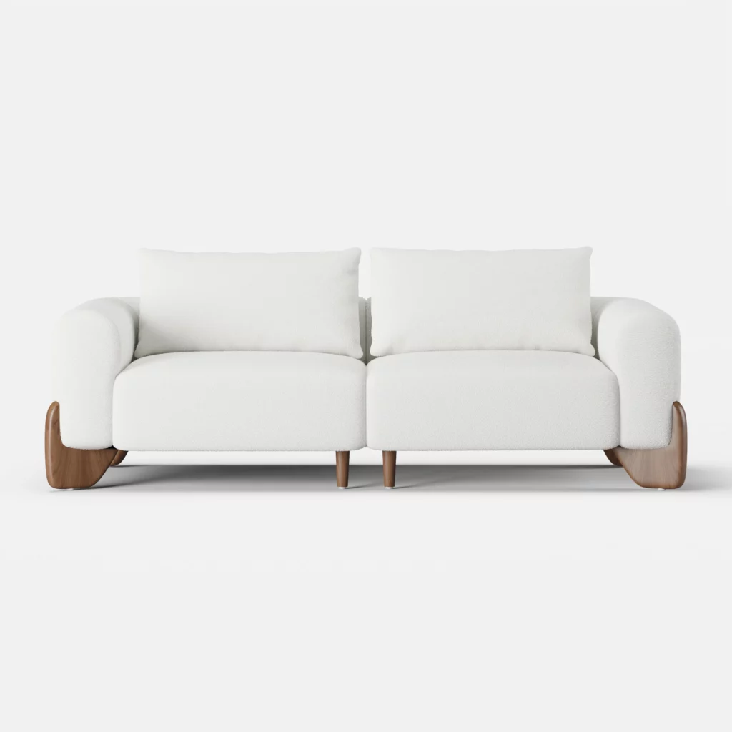 White Upholstered 2-Seat Boucle Sofa with Wood Legs 78"