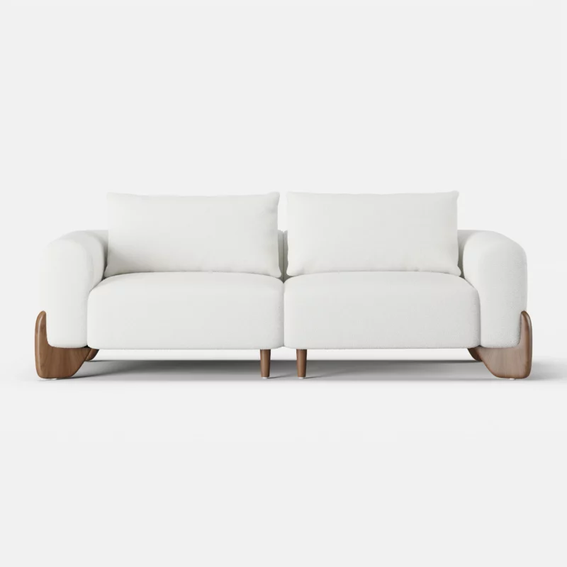 White Upholstered 2-Seat Boucle Sofa with Wood Legs 78"