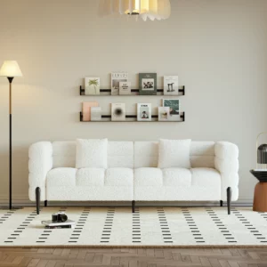 3-seater White Boucle Fluted Sofa with Pillows & Black Legs - Image 7