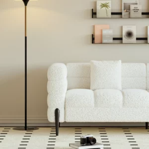 3-seater White Boucle Fluted Sofa with Pillows & Black Legs - Image 9