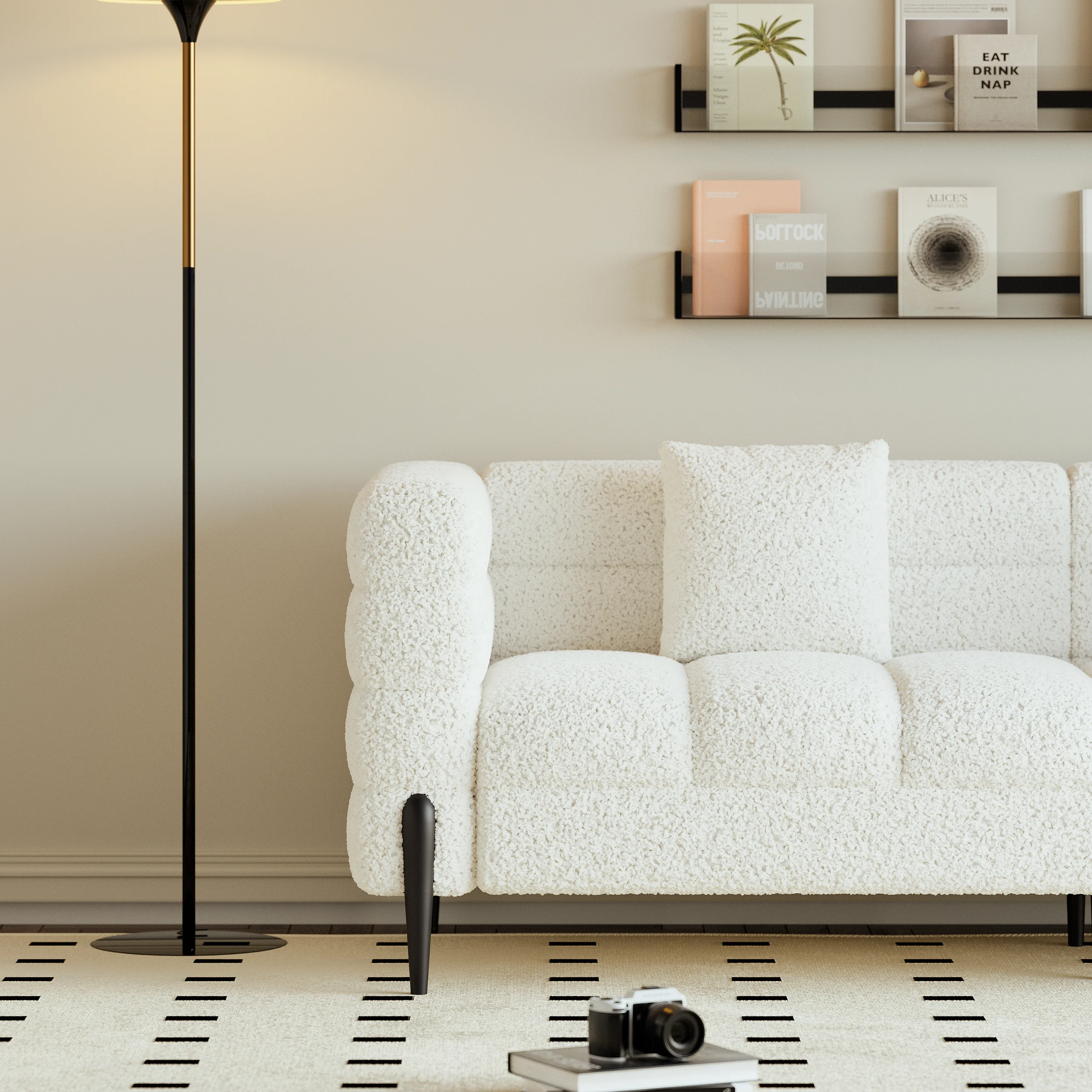 3-seater White Boucle Fluted Sofa with Pillows & Black Legs - Image 9