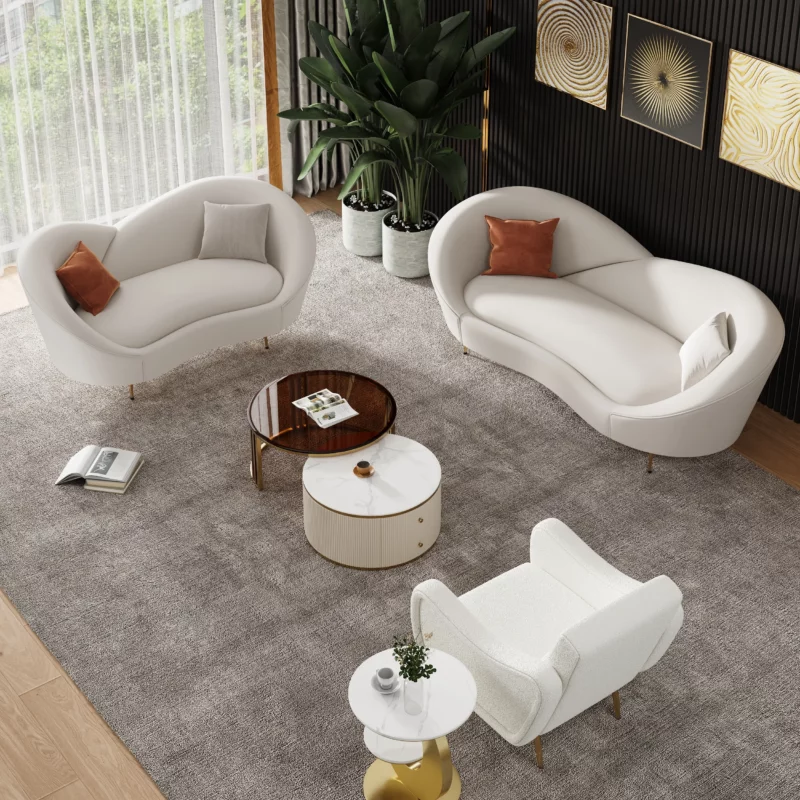 White and Orange Small 2-Seater Velvet Sofa with Curve Back