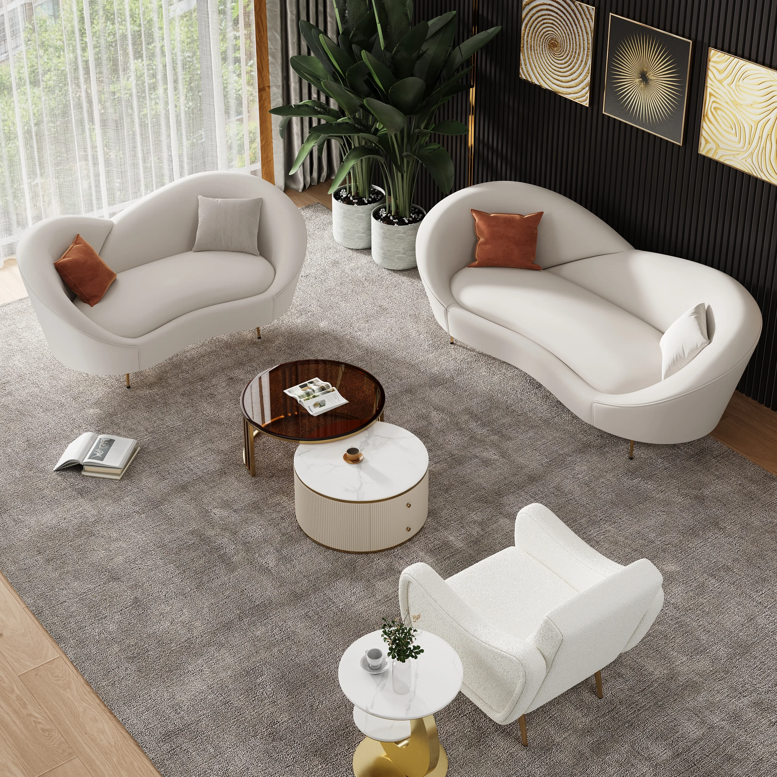 White and Orange Small 2-Seater Velvet Sofa with Curve Back - Image 10
