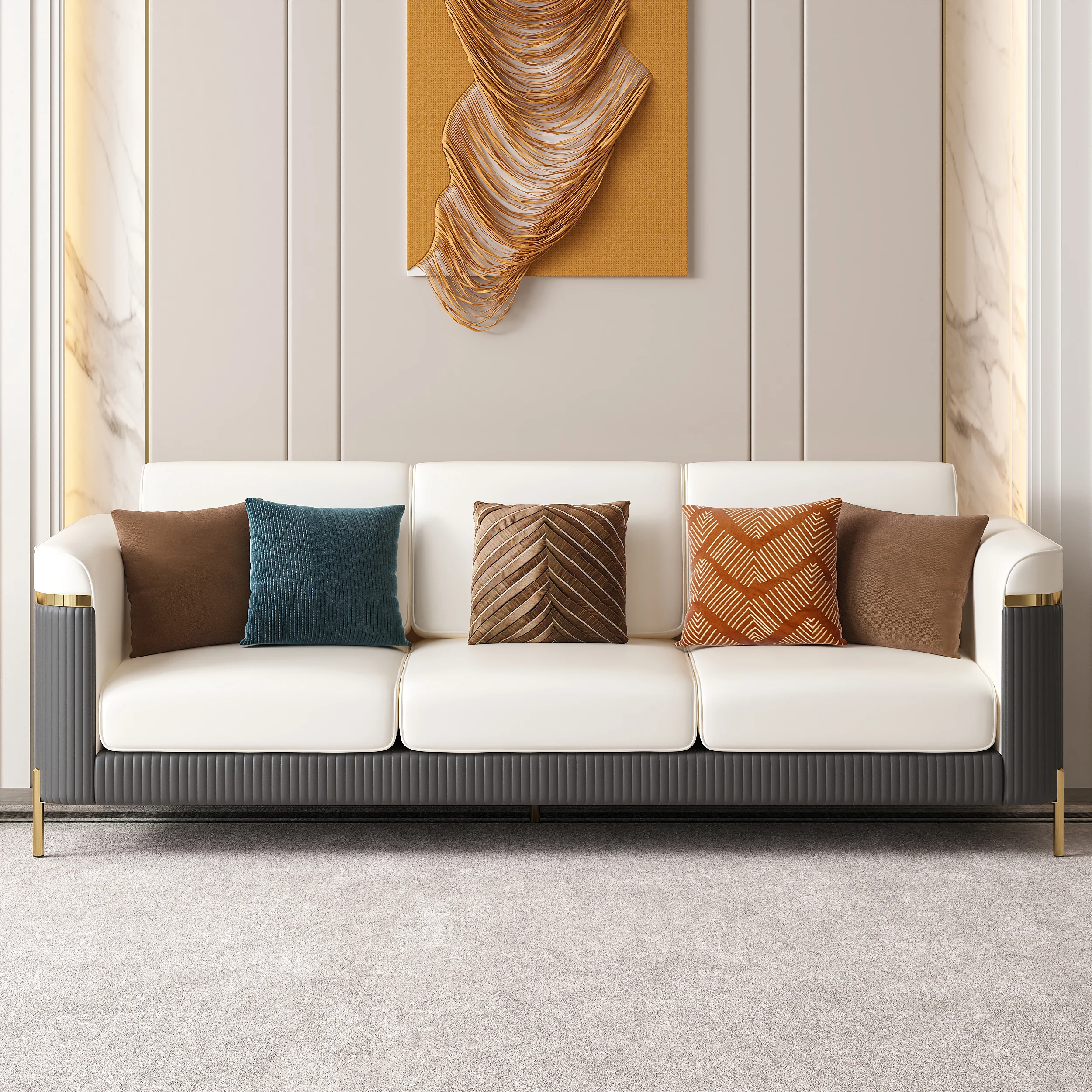 Modern Upholstered 3-Seater Nappa Leather Sofa Pillow Included 85" - Image 6