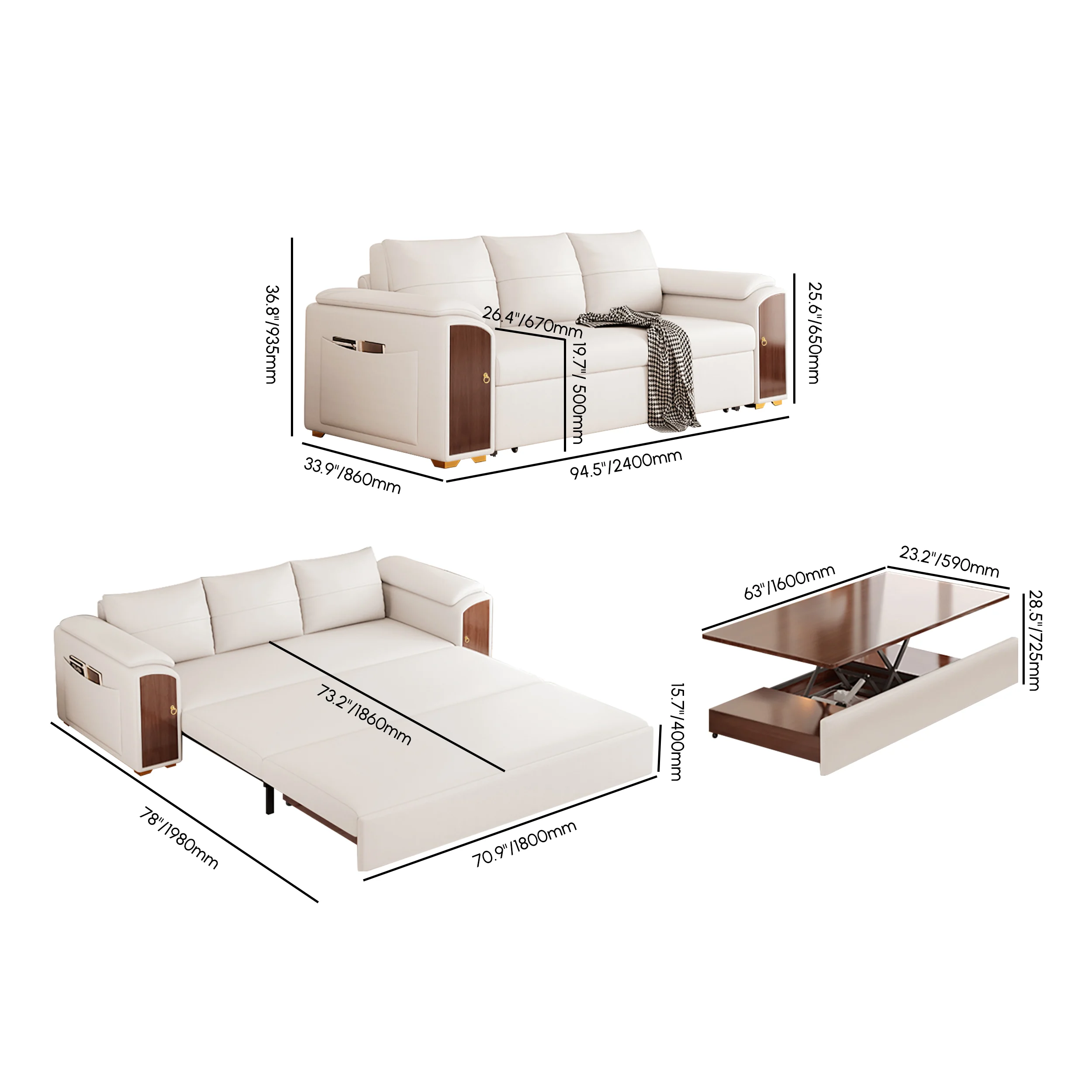 Pull Out Leather Sofa Bed Convertible Sleeper with Lift-top Coffee Table - Image 7
