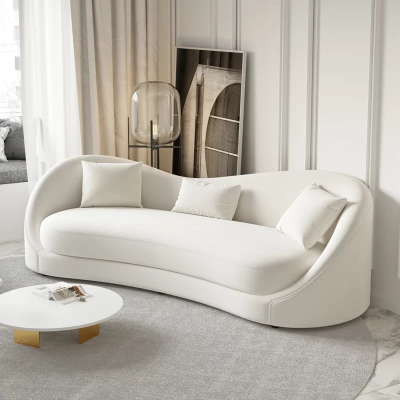 Graceful Off White curved silhouette Velvet Upholstered Sofa 3-Seater Solid Wood Frame