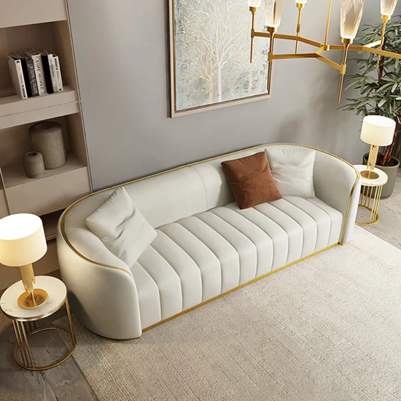 Modern Faux Leather Upholstered curved 3-Seater Sofa with Gold Legs