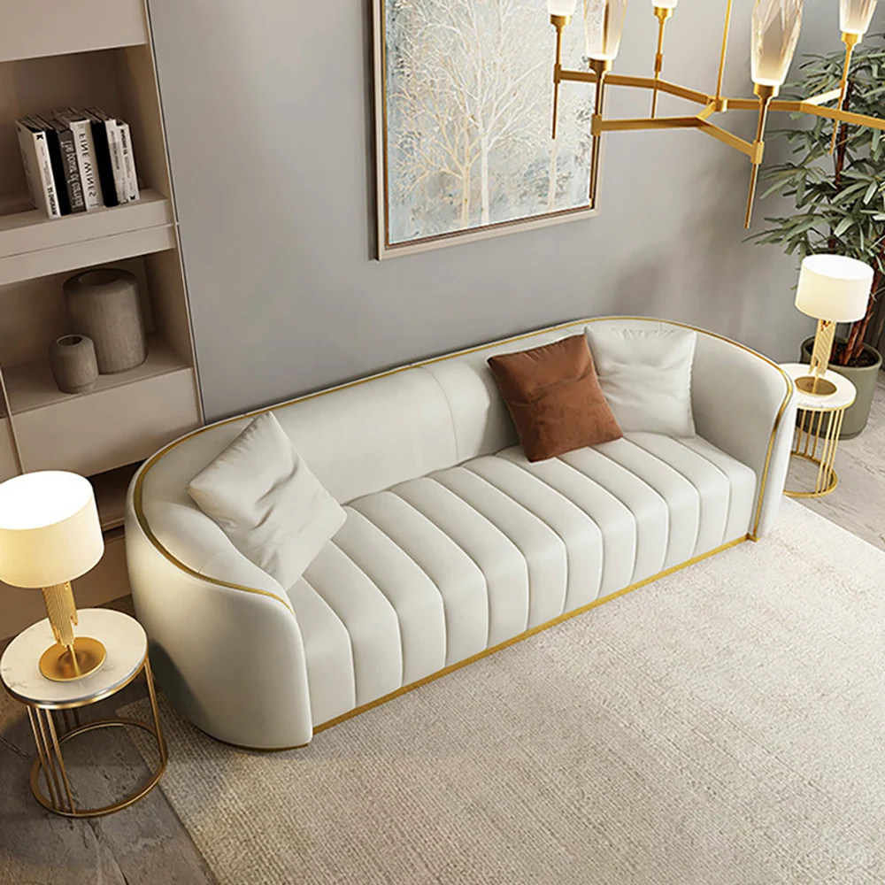 Modern Faux Leather Upholstered curved 3-Seater Sofa with Gold Legs - Image 6