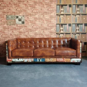 Vintage Industrial Loft 3-Seater Tufted Brown Faux Leather Sofa Upholstered - Image 8