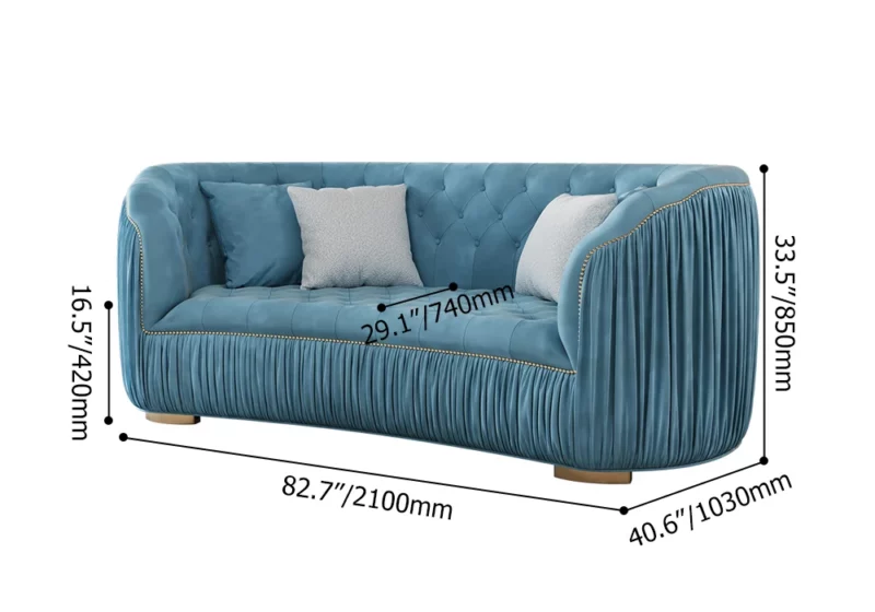 Modern Blue Curved Upholstered Tufted Velvet 3-Seater Sofa
