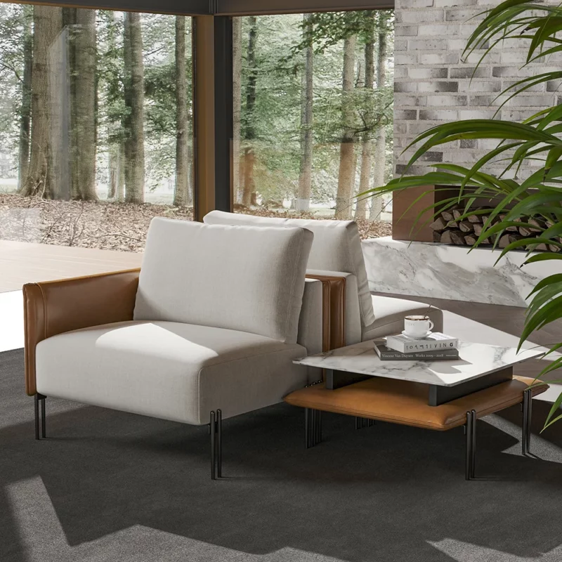 Modular Upholstered 2-Seater Linen Sofa with Coffee Table Stainless Steel Frame 95.3"