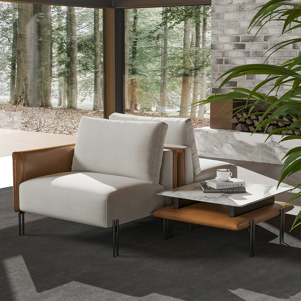 Modular Upholstered 2-Seater Linen Sofa with Coffee Table Stainless Steel Frame 95.3" - Image 7