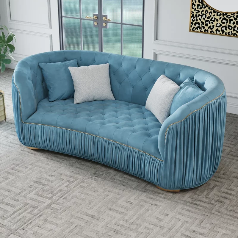 Modern Blue Curved Upholstered Tufted Velvet 3-Seater Sofa