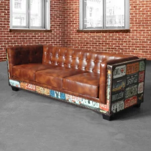Vintage Industrial Loft 3-Seater Tufted Brown Faux Leather Sofa Upholstered - Image 2