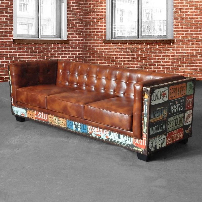 Vintage Industrial Loft 3-Seater Tufted Brown Faux Leather Sofa Upholstered