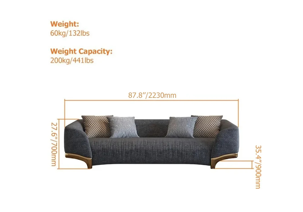 Cotton & Linen Upholstered Sofa 3-Seat with Gold Legs, Pillows included - Image 6