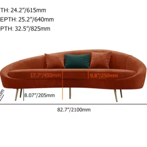 Modern Rust brown Velvet Curved Sofa 3-Seater Sofa with Toss Pillow - Image 5