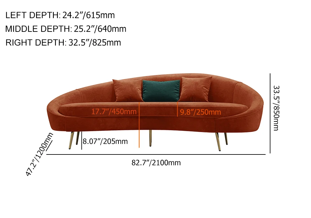 Modern Rust brown Velvet Curved Sofa 3-Seater Sofa with Toss Pillow - Image 5
