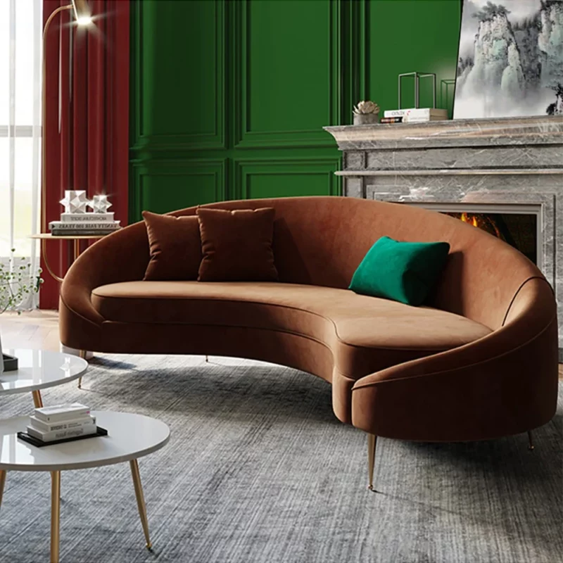 Modern Rust brown Velvet Curved Sofa 3-Seater Sofa with Toss Pillow
