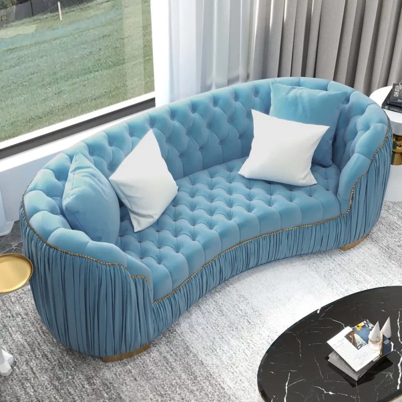 Modern Blue Curved Upholstered Tufted Velvet 3-Seater Sofa