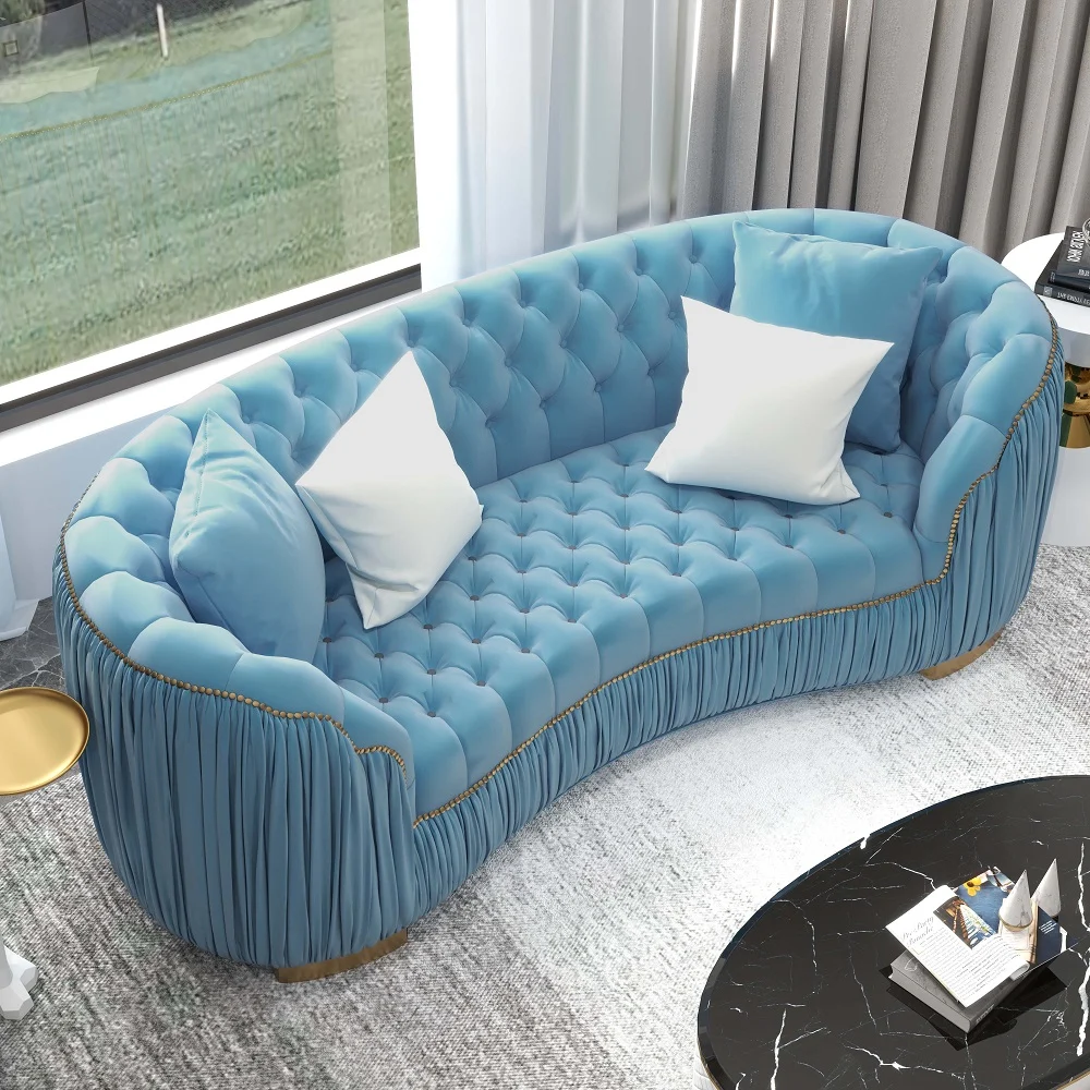 Modern Blue Curved Upholstered Tufted Velvet 3-Seater Sofa - Image 5