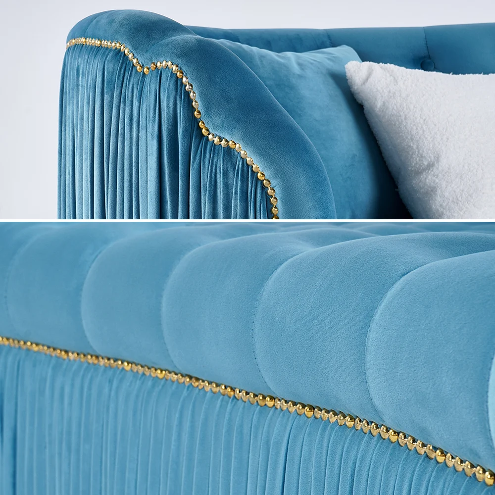 Modern Blue Curved Upholstered Tufted Velvet 3-Seater Sofa - Image 8