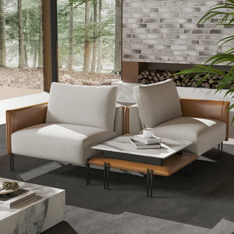 Modular Upholstered 2-Seater Linen Sofa with Coffee Table Stainless Steel Frame 95.3"