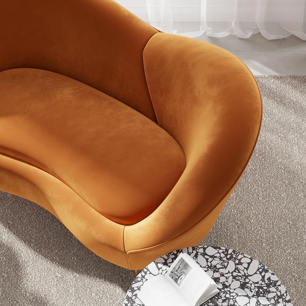 White and Orange Small 2-Seater Velvet Sofa with Curve Back - Image 5
