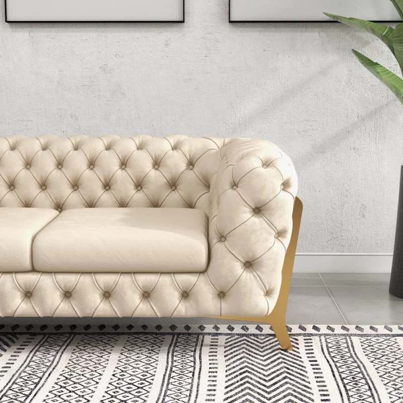 Modern Beige Tufted Velvet Chesterfield Sofa 3-Seater Button  91"