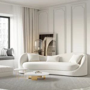Graceful Off White curved silhouette Velvet Upholstered Sofa 3-Seater Solid Wood Frame - Image 4
