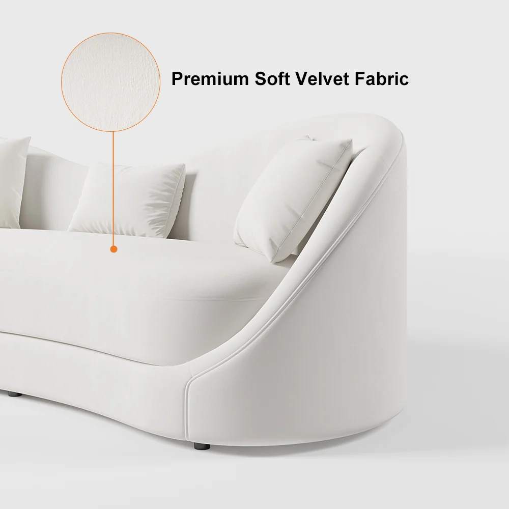 Graceful Off White curved silhouette Velvet Upholstered Sofa 3-Seater Solid Wood Frame - Image 5