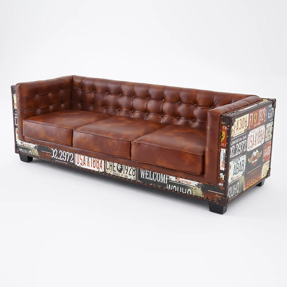 Vintage Industrial Loft 3-Seater Tufted Brown Faux Leather Sofa Upholstered - Image 1